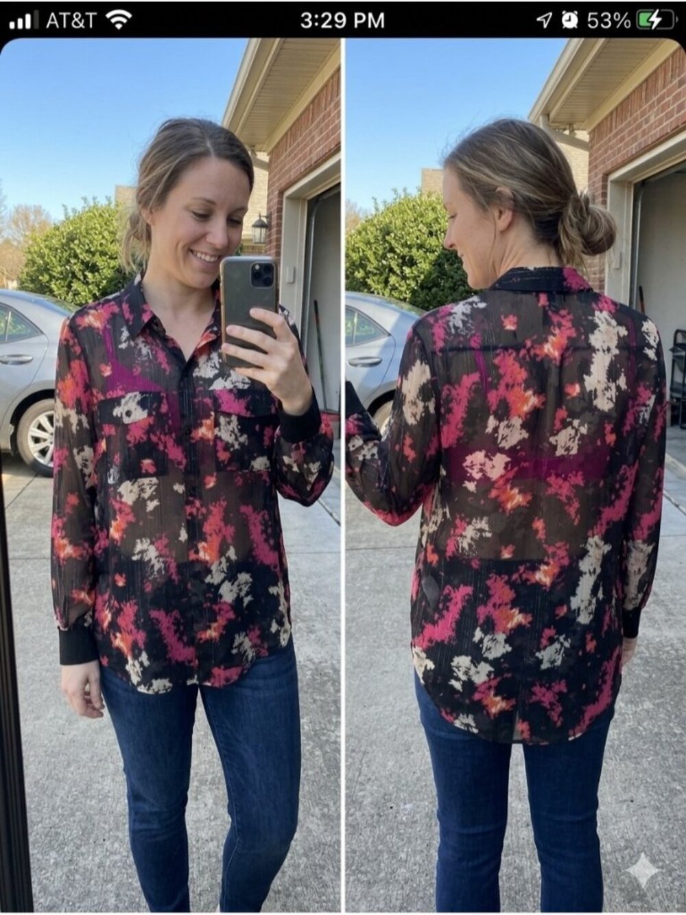 DKNY Sheer Abstract Floral Pink Metallic Lurex Button Down Blouse Top Medium